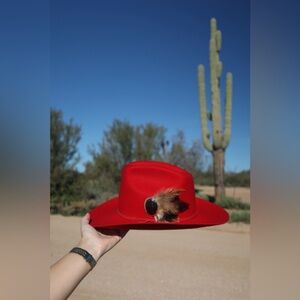 Red Wool Cowboy Hat – Western Felt Hat with feather hat pin vintage stone brooch